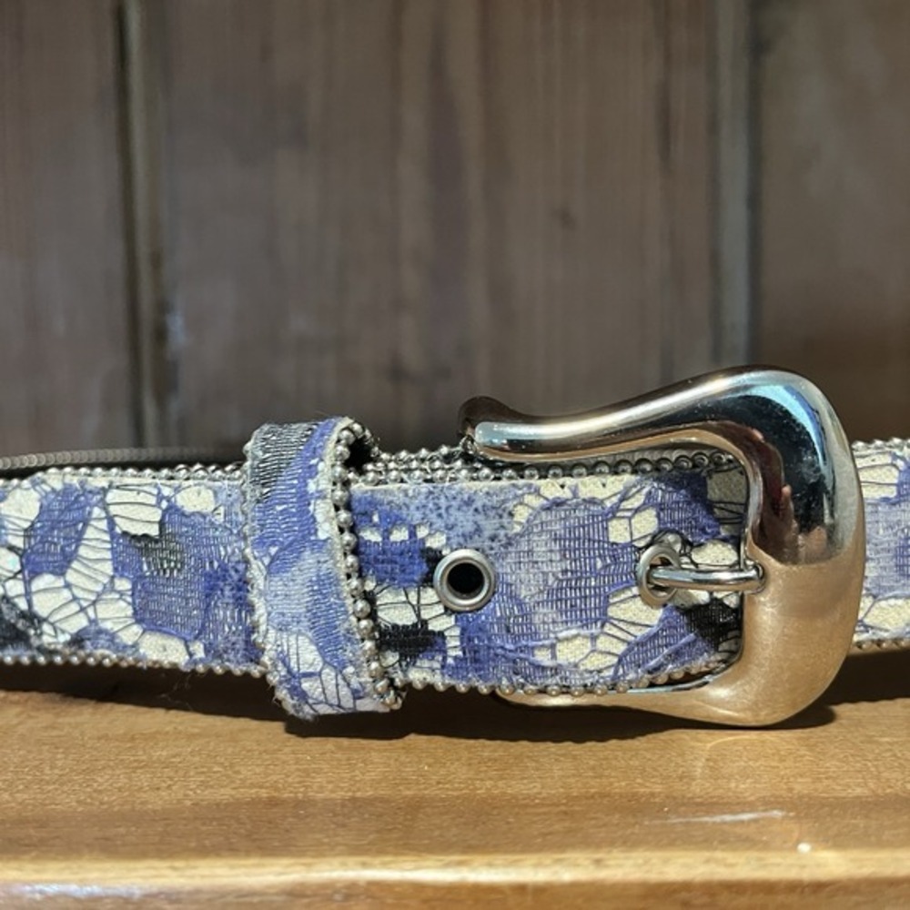 Vintage Leather‎ Shop Y2K Sparkly Lace Bead Edged Belt Silver Buckle Women M/L